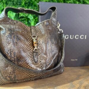 Gucci Brown Python-Effect Shoulder Bag with Bamboo Accent